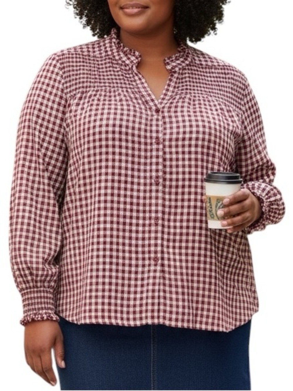 Vintage Citicraze Plaid Button Down Shirt Red Shimmer Smocked Puff Sleeve 2X